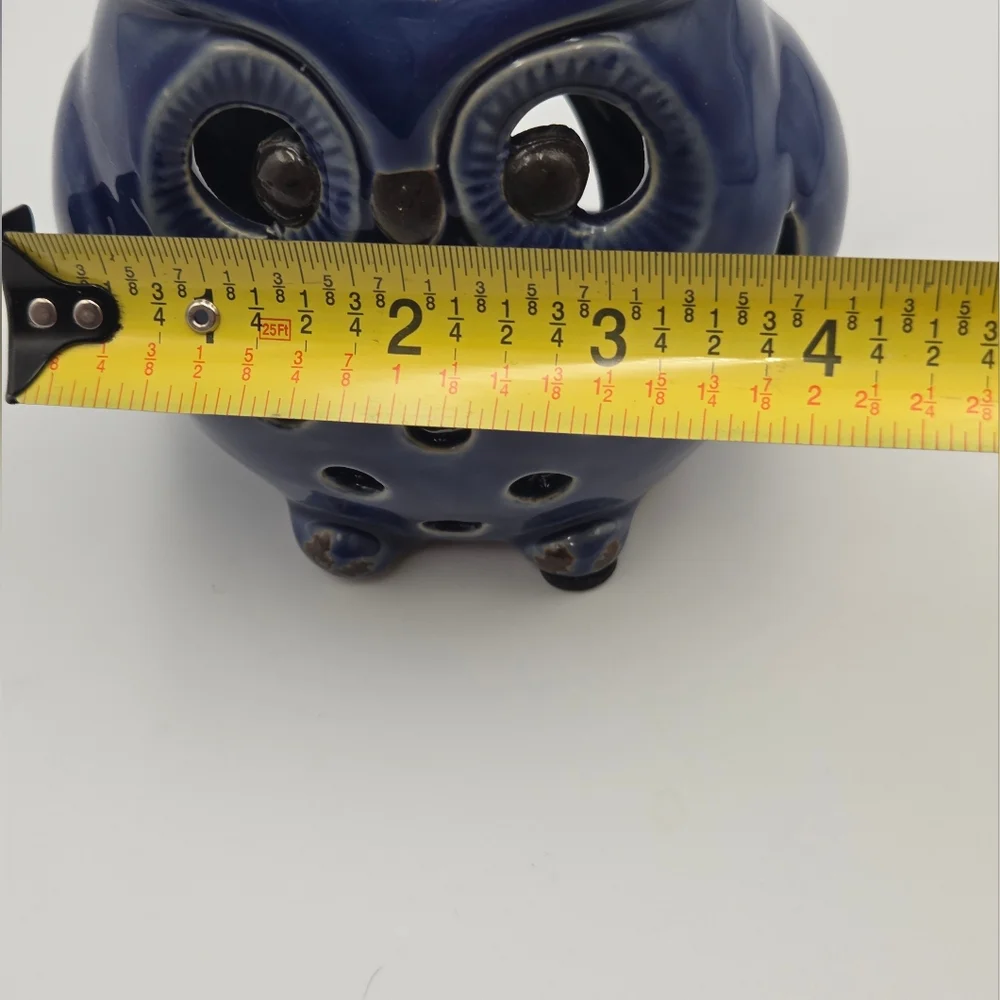 Owl Luminary Candle Votive‎ MCM Stoneware Pottery Blue Decor Cut Outs 5